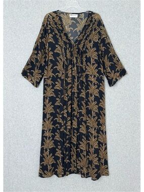 One Season Australia Navy Blue Brown Tan Palms Long Maxi Dress Kaftan Large READ